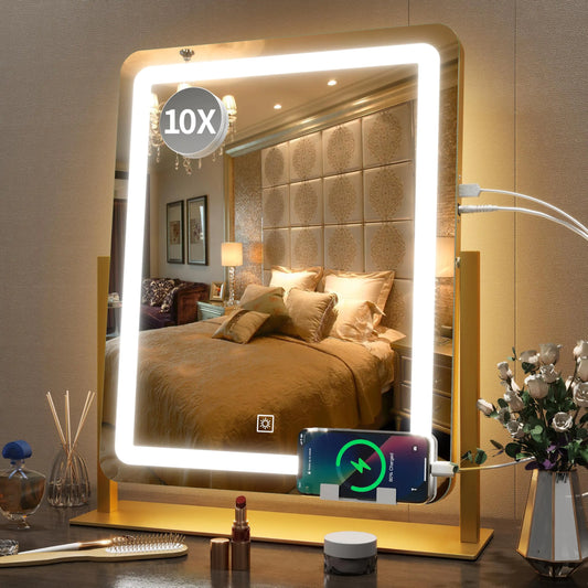 FENNIO Vanity Mirror with Lights 22 Inch- LED Lighted Makeup Mirror,Large Makeup Mirror with Lights,Touch Screen with 3-Color Lighting,Led Mirror Makeup,Dimmable(Gold) Gold 19"x22" - DivineLuxes