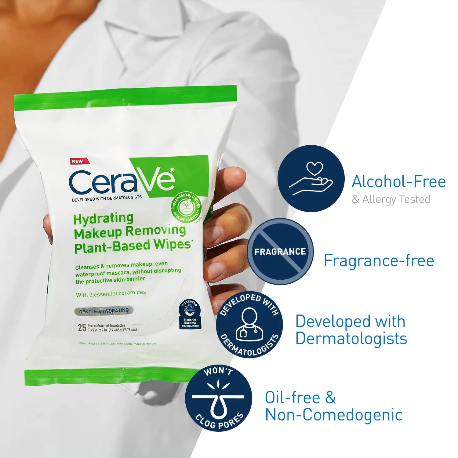 CeraVe Hydrating Facial Cleansing Makeup Remover Wipes| Plant Based Face Biodegradable in Home Compost| Wash Cloth| Suitable for Sensitive Skin| Fragrance-free Non-comedogenic| 25 Count - DivineLuxes